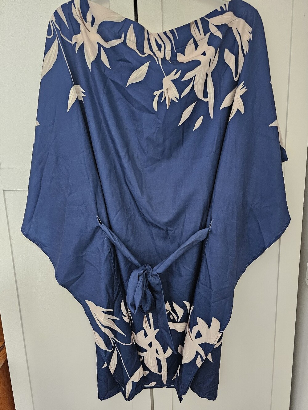 Cupshe Navy and Cream Leaf Print Off-Shoulder Belted Dress